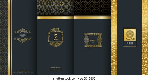 Collection of design elements,labels,icon,frames, for packaging,design of luxury products.Made with golden foil.Isolated on black background. vector illustration