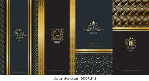 Collection of design elements,labels,icon,frames, for packaging,design of luxury products.Made with golden foil.Isolated on black background. vector illustration