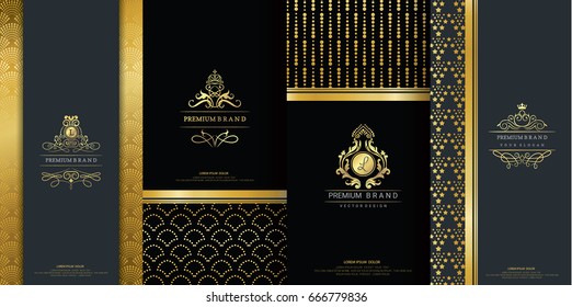 Collection of design elements,labels,icon,frames, for packaging,design of luxury products.Made with golden foil.Isolated on black background. vector illustration