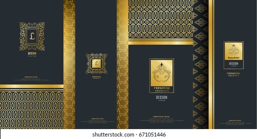 Collection of design elements,labels,icon,frames, for packaging,design of luxury products.Made with golden foil.Isolated on black background. vector illustration