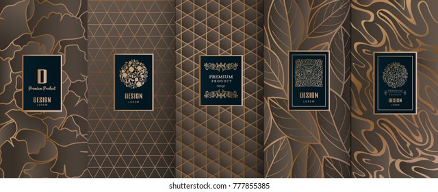 Collection of design elements,labels,icon,frames, for packaging,design of luxury products.Made with golden foil.Isolated on brown background. vector illustration