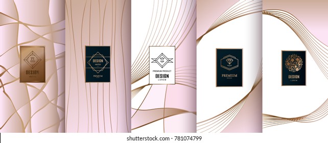 Collection of design elements,labels,icon,frames, for packaging,design of luxury products.Made with golden foil.Isolated on pink background. vector illustration