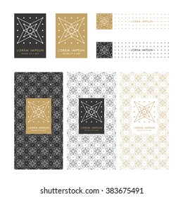 Collection of design elements,labels,icon,frames,flake,seamless pattern for packaging,design of luxury products.Made with golden foil.Trendy linear,art deco,hipster style.Isolated on white background