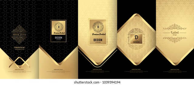 Collection of design elements,labels,icon,frames,for packaging,design of luxury products. Made with golden foil.For perfume,lotion,wine,Isolated on gold and geometric background.vector illustration

