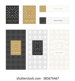 Collection of design elements,labels,icon,frames,seamless pattern for packaging,design of luxury products.Made with golden foil.Trendy linear,art deco,hipster,tribal style.Isolated on white background