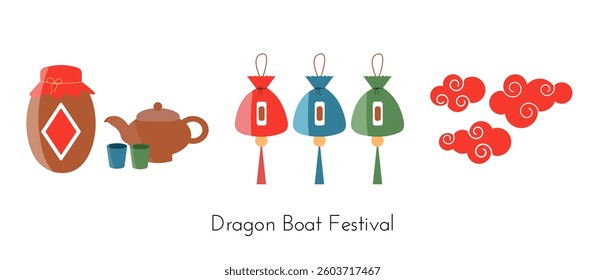 Collection of design features for Dragon Boat Festival, showcasing decorative clouds, realgar wine, sachets, teapot, cups. Vector designs for Duanwu Festival