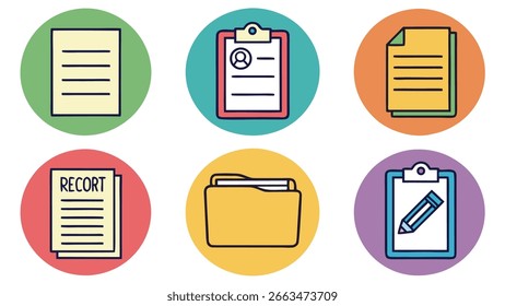 Colección de iconos de diseño que representan documentos, informes y suministros de oficina, perfecto para temas de negocios o educativos