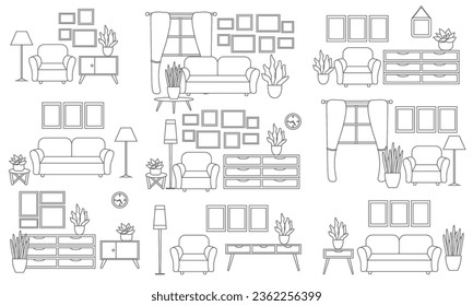 A collection of design options for arranging furniture for interior projects. A set of interior compositions in black and white are isolated on a white background.