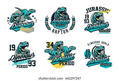 Collection of design for printing on a T-shirt isolated on white background, dinosaur of the Jurassic period. Logo, emblem, sticker, lettering. Ancient world, the era of dinosaurs. Vector illustration