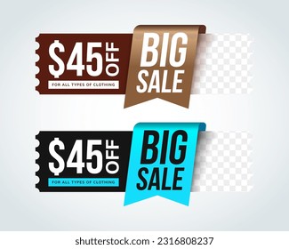 collection of design of rectangle vector banner with coupun style corners on the leg for big sale. combination brown, blue and black on tag templates with 45% off discount and space for photo on right