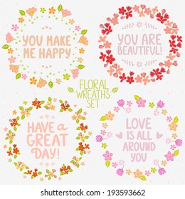 collection design stylish beautiful floral wreaths with positive phrases