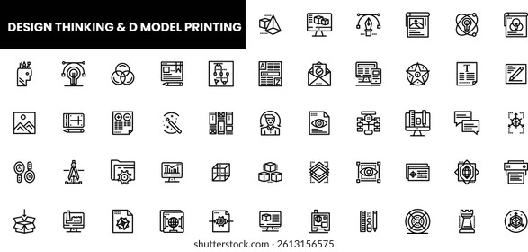 Collection of design thinking and 3D model printing icons in a minimalist style.