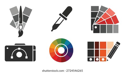 A collection of design tools including a camera color wheel and paintbrushes silhouette