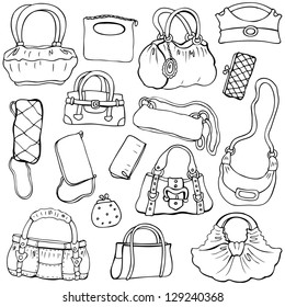 Collection design women's handbags. Hand drawn vector isolated. Set 2.