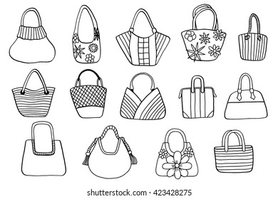 Collection design women's handbags. Hand drawn vector isolated. 