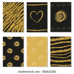 Collection of designed cards for invitations, postcards, scrap-booking, diary, notebooks. Vector. Golden colors. Hand drawn texture.