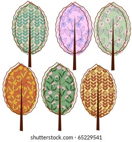 Collection of designed stylized vector seasonal trees