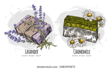 Collection of designer soap. Colorful vector image of handmade soap pieces with lavender and chamomile, on a background of textured brush strokes. Ideal for labels, posters.