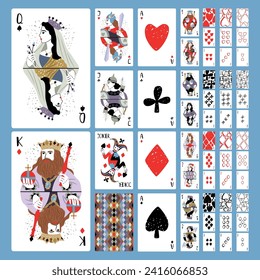 Collection of designers playing cards, full deck. Vector of playing cards, classic suit typography illustration