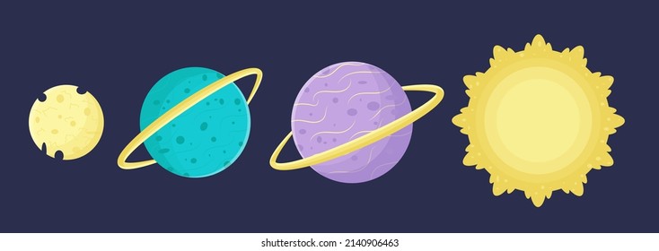 Collection for designing vector space. A collection of vector space for design. Exploration of space planets. A galactic adventure. Sun, Jupiter, moon. Simple cartoon style