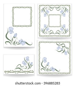 Collection designs with blue iris announcements, greeting cards, posters, advertisements, vector illustration, frames, set of templates for celebration, wedding