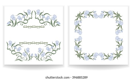 Collection designs with blue iris announcements, greeting cards, posters, advertisements, vector illustration, frames, set of templates for celebration, wedding