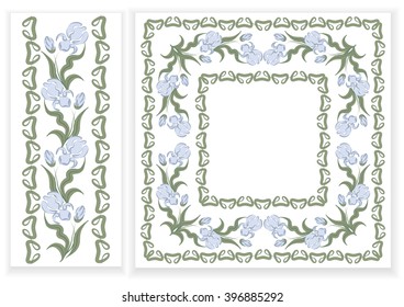 Collection designs with blue iris announcements, greeting cards, posters, advertisements, vector illustration, frames, set of templates for celebration, wedding