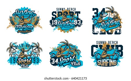 A collection of designs for printing on a T-shirt, a surfer girl drifting through the waves. Extreme sport, beach, sunny coast, lettering, text. Vector illustration, grunge effect