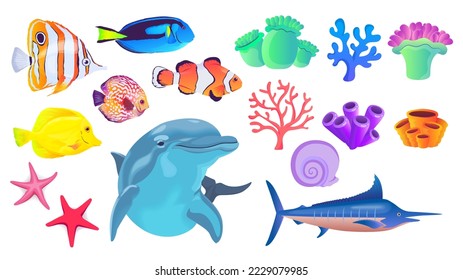 a collection of designs for sea water ornamental fish, coral reefs, starfish for business needs and teaching and learning activities as well as for children's learning media