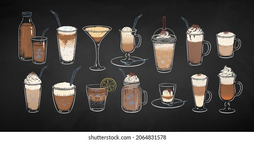 Collection of dessert acoffee drinks isolated on black chalkboard background. Vector chalk drawn sideview grunge illustrations.