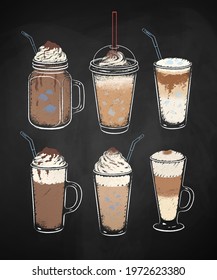 Collection of dessert coffee drinks isolated on black chalkboard background. Vector chalk drawn sideview grunge illustrations.