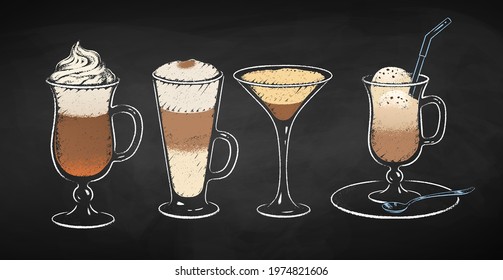 Collection of dessert coffee drinks isolated on black chalkboard background. Vector chalk drawn sideview grunge illustrations.