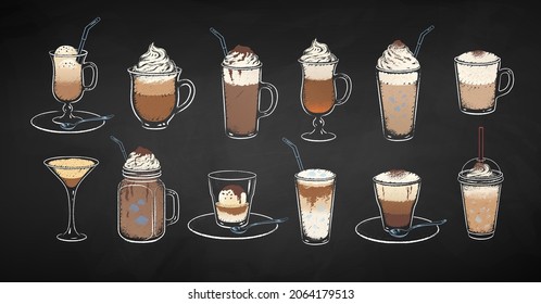 Collection of dessert coffee drinks isolated on black chalkboard background. Vector chalk drawn sideview grunge illustrations.