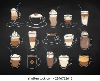 Collection of dessert coffee drinks isolated on black chalkboard background. Vector chalk drawn sideview grunge illustrations.