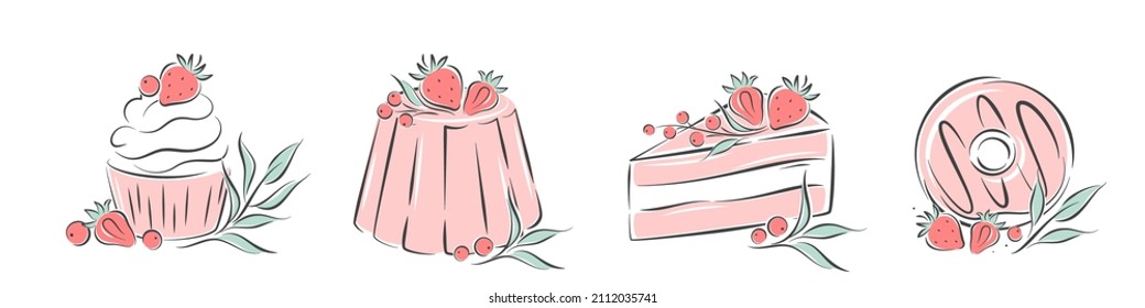 Collection of dessert  with different ingredients. Set of sweet cakes, cupcakes and donuts. Vector illustration isolated on white background
