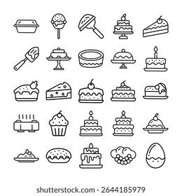 A collection of dessert icons in a clean, minimalist outline style, featuring cakes, pies, cupcakes, and other sweet treats.