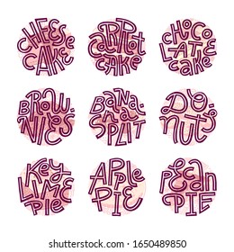 Collection of dessert round lettering illustrations. Word and background art overlayed. Soft pastel color. Circle shape for stickers, packaging, branding.