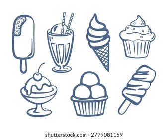 A collection of dessert sketches featuring ice cream, sundaes, and popsicles rendered as a blue line drawing on a white background.