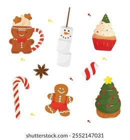 Collection of desserts and drinks, including lollipop, cupcakes, and gingerbread.  Isolated a white background for card, postcard, cover. EPS 10