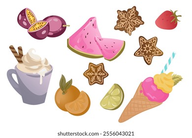 Collection of desserts and fruits including ice cream, gingerbread cookies, whipped cream drink, watermelon, passion fruit, lime, strawberry, and tangerine slices. white background.