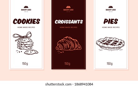 Collection of desserts labels with cookies, croissants and pies packaging. Hand drawn doodle style. Vector illustration.