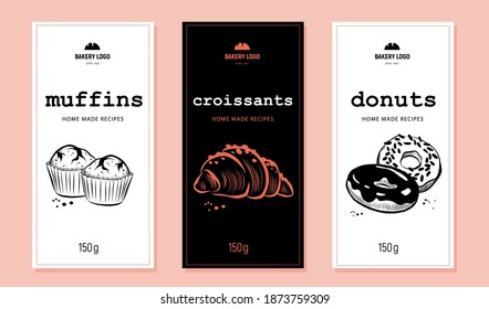 Sammlung von Desserts Etiketten mit Muffins, Croisssants und Donuts Verpackung. Handgezeichnete Skizze. Vektorgrafik.