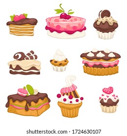 Collection of desserts made of chocolate, frosting and biscuit. Isolated set of baked food, goods with mouse. Bakery shop assortment, confectionery and pastry with cherry berry on top, vector