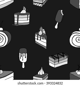 Collection of desserts. Sketches of desserts hand-drawn. Seamless patten. Vector illustration.