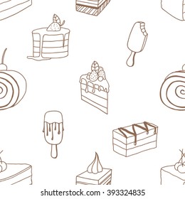 Collection of desserts. Sketches of desserts hand-drawn. Seamless patten. Vector illustration.