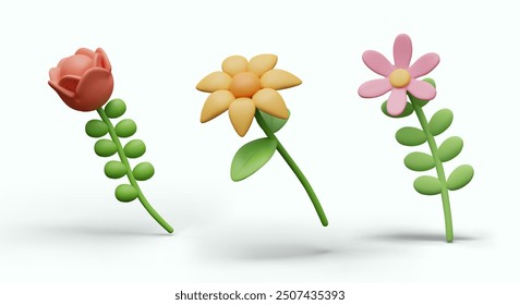 Collection of detailed 3D flowers in tilted position. Vector cute models of different colors