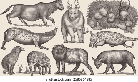 Collection of detailed animal illustrations, featuring various wild species in a realistic style.