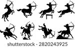 A collection of detailed black centaur archer silhouettes aiming and shooting bow and arrows in various dynamic action poses, isolated on a white background.