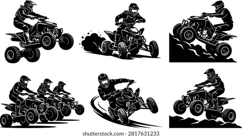 A collection of detailed black silhouettes featuring ATV quad bike riders performing various off-road maneuvers like jumping, drifting, and hill climbing. Ideal for extreme sports branding, adventure event posters, emblems, decals, and promotional graphics.