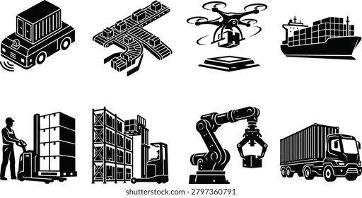 A collection of detailed black silhouettes representing modern supply chain automation and freight transport, including an automated guided vehicle, conveyor sorting system, delivery drone, container ship, forklift operator, industrial robotic arm, and cargo truck. This professional icon set from image_9f2849.png is perfect for logistics management software, distribution services, e-commerce shipping materials, and warehouse technology presentation designs.